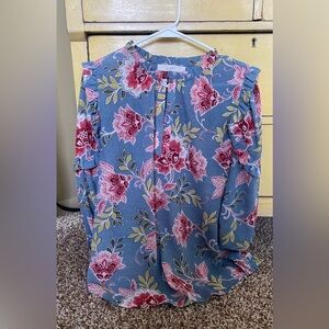 LOFT Blue Floral Keyhole Ruffle Sleeve Blouse